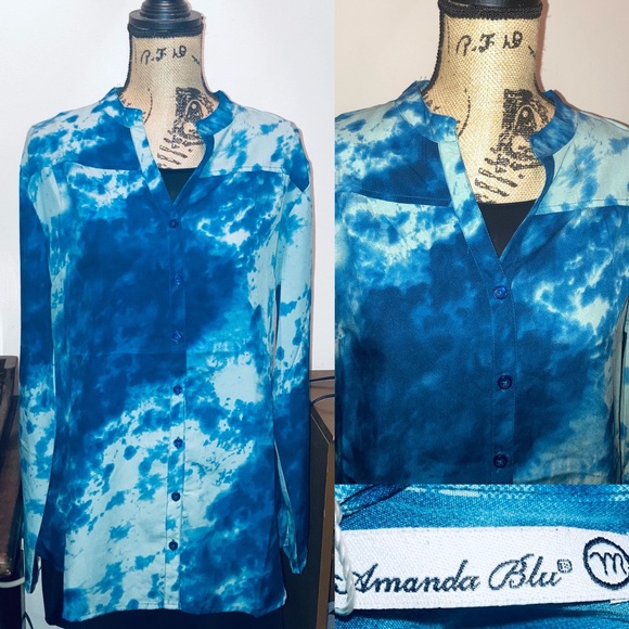 Amanda Blu Tie Dye Teal Button Down Flowy Loose Fit Tunic Blouse - Picture 2 of 6